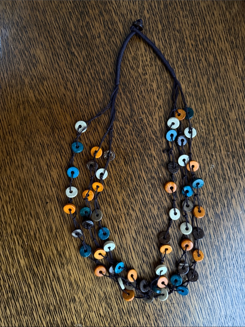 Multi-Strand Beaded Disc Necklace in Blue, Orange, White and Brown
